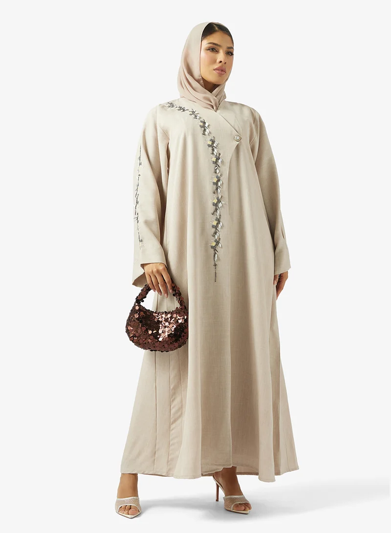 hayas closet Floral Embellished Open Front Abaya